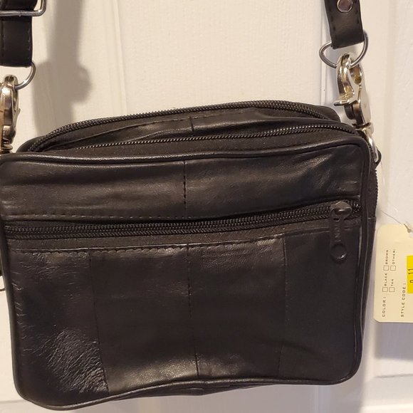 Black NWT Cross Body Genuine Leather Bag 22-in Strap 2 front, 1 back pocket. - Picture 10 of 14